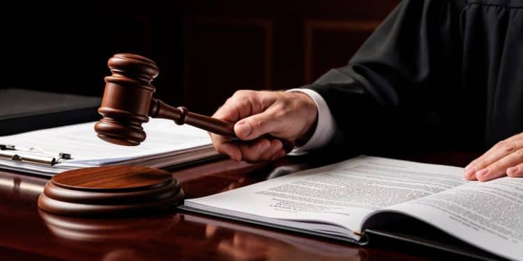 Juiz segurando martelo de julgamento em tribunal, representando a justiça no serviço público.