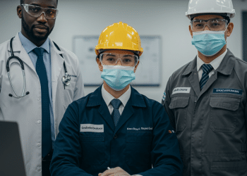 Três profissionais de diferentes áreas (saúde, engenharia e técnica) usando equipamentos de proteção e uniformes, representando carreiras lucrativas e pouco conhecidas.