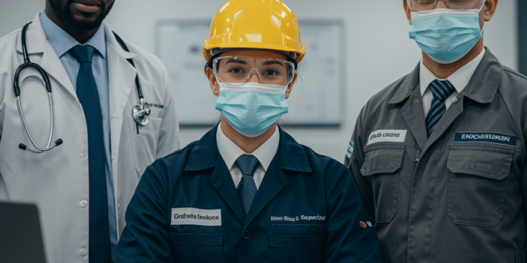 Três profissionais de diferentes áreas (saúde, engenharia e técnica) usando equipamentos de proteção e uniformes, representando carreiras lucrativas e pouco conhecidas.