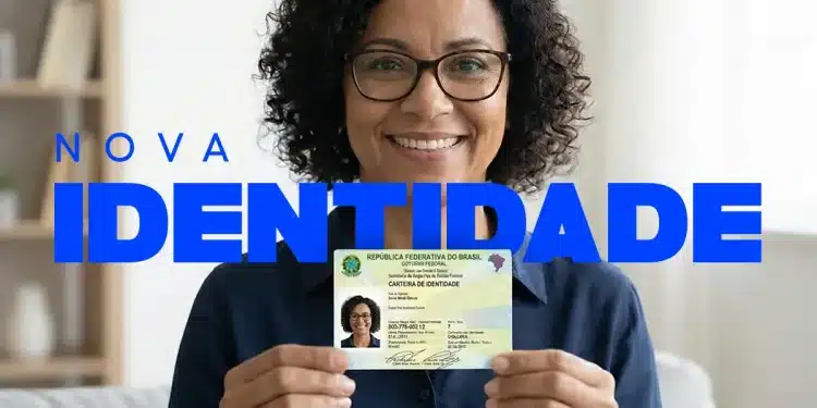 Mulher sorrindo segura a nova carteira de identidade nacional durante campanha de emissão gratuita em cartórios.