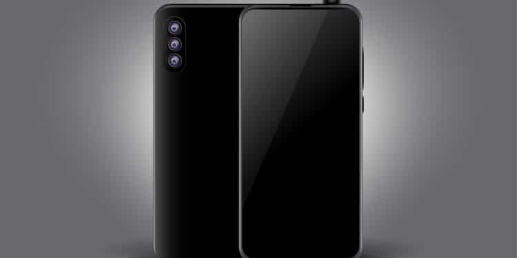 Renderização de smartphone preto com câmera tripla traseira e câmera frontal pop-up retrátil