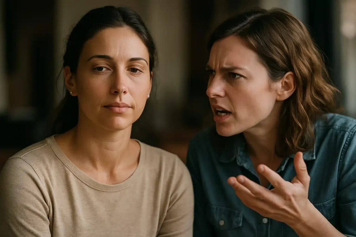 Mulher serena sendo confrontada por outra mulher agitada gesticulando