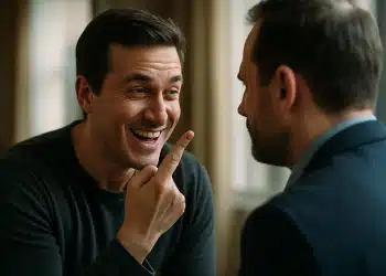 Homem sorrindo de forma irônica apontando o dedo para outro homem durante conversa