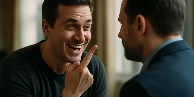 Homem sorrindo de forma irônica apontando o dedo para outro homem durante conversa