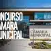 Fachada moderna de câmara municipal com painéis solares no teto, fachada de vidro e identificação "Câmara Municipal" na estrutura de concreto, com a inscrição "Concurso Câmara Municipal" em destaque, representando o certame da Câmara Municipal de Capetinga para o cargo de Procurador Jurídico em 2026