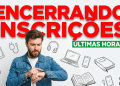Homem barbudo com jaqueta jeans olhando o smartwatch com expressão preocupada, texto vermelho "Encerrando Inscrições"