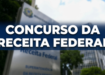 Placa da Receita Federal em frente a prédio institucional com texto "Concurso da Receita Federal" sobreposto
