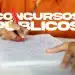 Pessoa de camisa laranja escrevendo com caneta vermelha em caderno com texto "Concursos Públicos"
