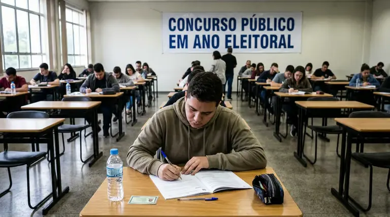 Candidatos participando de concurso público em ano eleitoral, com cartaz informando.