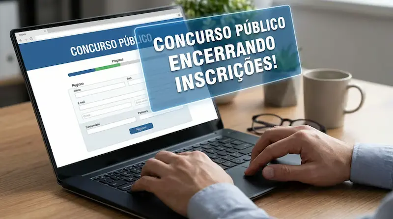Pessoa preenchendo o formulário de inscrição para concurso público no computador.