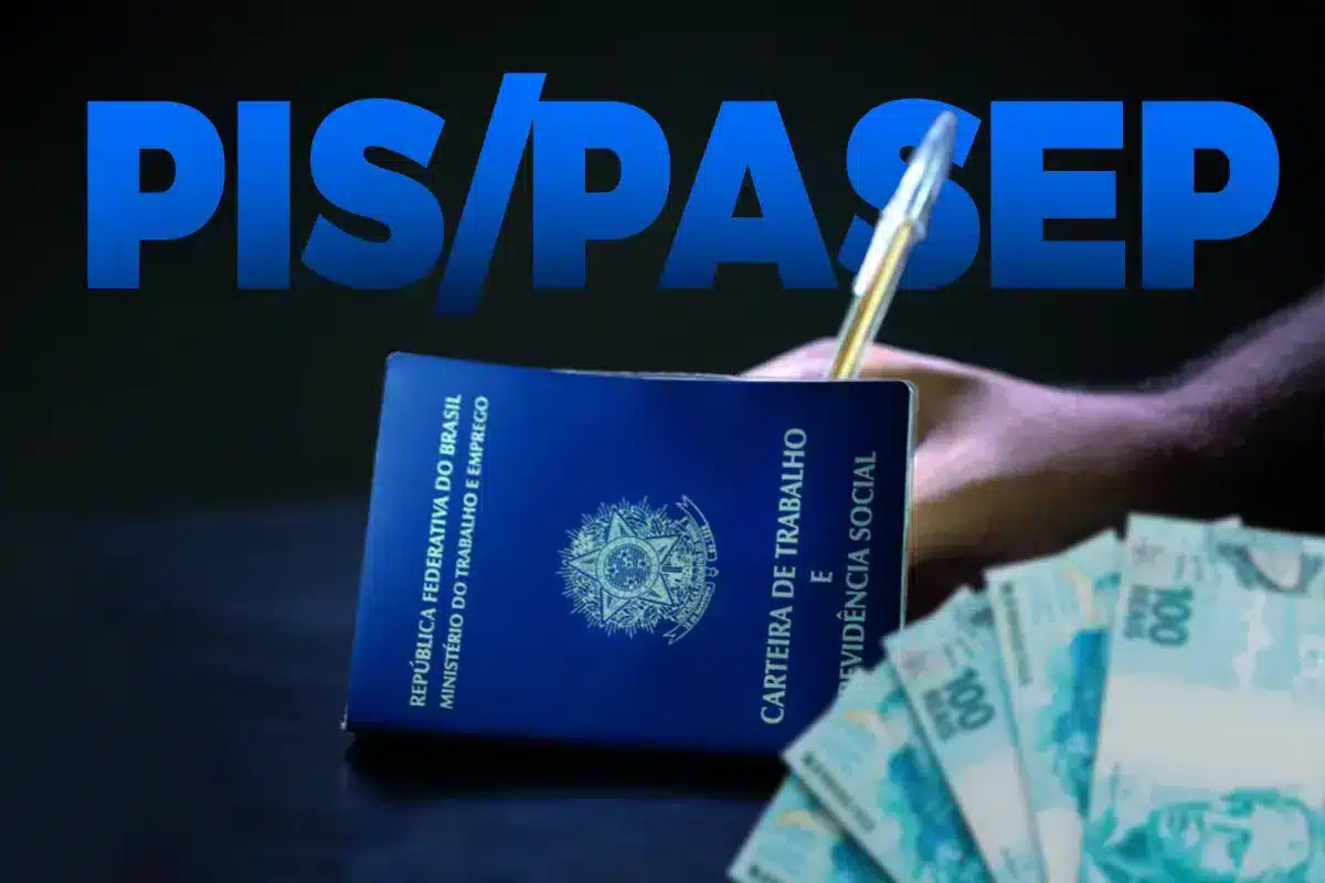 Carteira de Trabalho azul com cédulas de R$ 100 ao lado e a inscrição PIS/Pasep ao fundo, representando o direito ao Abono Salarial dos trabalhadores formais