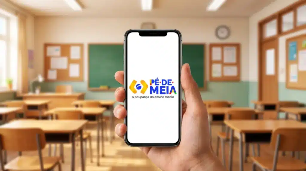 Celular com conta do Pé-de-Meia em sala de aula, ilustrando continuidade dos pagamentos mesmo após encerramento de conta