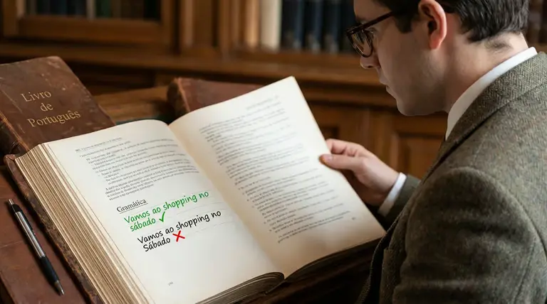 Homem estudando gramática portuguesa com exemplo correto de uso de minúsculas nos dias da semana.