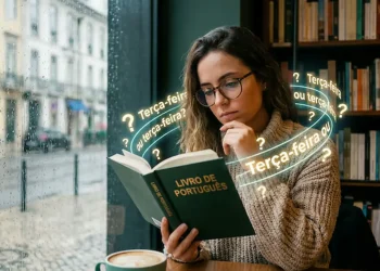 Mulher estudando regras de português sobre uso de maiúsculas e minúsculas em dias da semana.