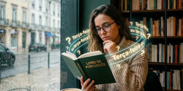 Mulher estudando regras de português sobre uso de maiúsculas e minúsculas em dias da semana.