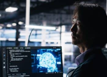 Especialista em inteligência artificial analisando código e modelo neural em ambiente tecnológico moderno.