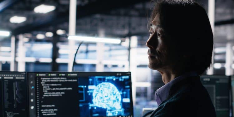 Especialista em inteligência artificial analisando código e modelo neural em ambiente tecnológico moderno.