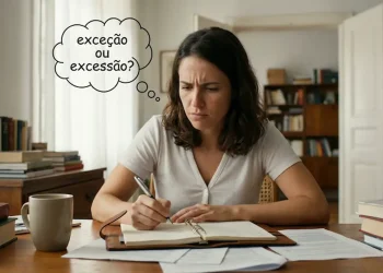 Mulher pensando sobre a dúvida entre 'exceção' e 'excessão' enquanto estuda em um ambiente tranquilo.