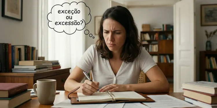 Mulher pensando sobre a dúvida entre 'exceção' e 'excessão' enquanto estuda em um ambiente tranquilo.