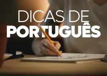 Pessoa escrevendo em caderno com o título 'DICAS DE PORTUGUÊS'.