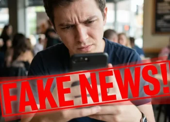 Homem olhando para celular com expressão de dúvida, com a palavra 'FAKE NEWS!' sobreposta, em um café. Tema relacionado a desinformação sobre mudanças no imposto de renda 2026.