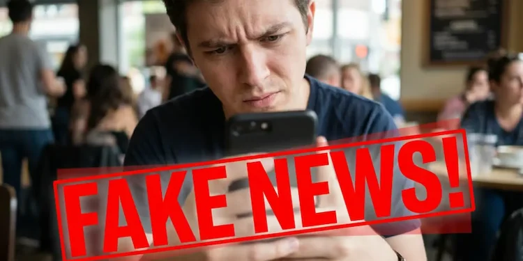 Homem olhando para celular com expressão de dúvida, com a palavra 'FAKE NEWS!' sobreposta, em um café. Tema relacionado a desinformação sobre mudanças no imposto de renda 2026.