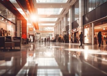 Interior de shopping com movimento de clientes durante feriado com horários especiais de funcionamento.