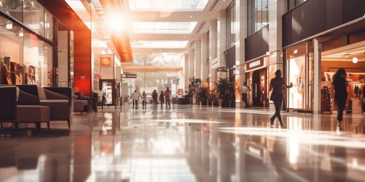 Interior de shopping com movimento de clientes durante feriado com horários especiais de funcionamento.