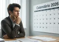 Homem observa calendário 2026 enquanto planeja os próximos feriados nacionais.
