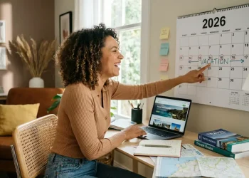 Mulher sorridente marcando as datas de férias no calendário de 2026, refletindo sobre os feriados e planejamento de folgas.