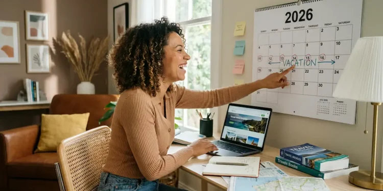 Mulher sorridente marcando as datas de férias no calendário de 2026, refletindo sobre os feriados e planejamento de folgas.