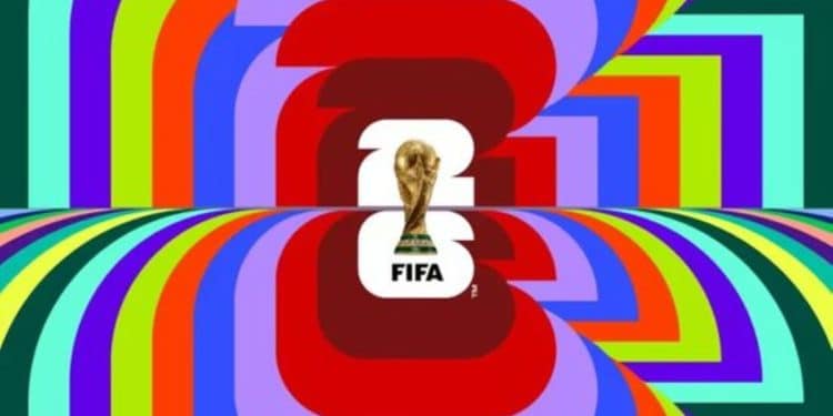 Logotipo oficial da Copa do Mundo FIFA 2026 centralizado, com o troféu dourado sobre o número 26, cercado por um fundo psicodélico de linhas curvas multicoloridas em tons de azul, verde, vermelho e amarelo.