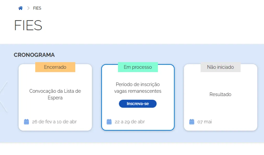 Tela do portal do Acesso Único exibindo o período de inscrição das vagas remanescentes e a data de divulgação do resultado