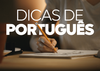 Imagem com a frase 'Dicas de Português' destacada sobre uma mão escrevendo em um caderno.