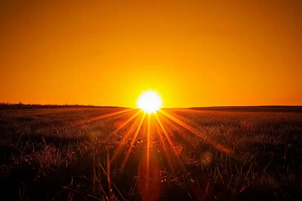 Pôr do sol com campos de trigo, representando o calor do verão, simbolizando o possível retorno do horário de verão em 2026.