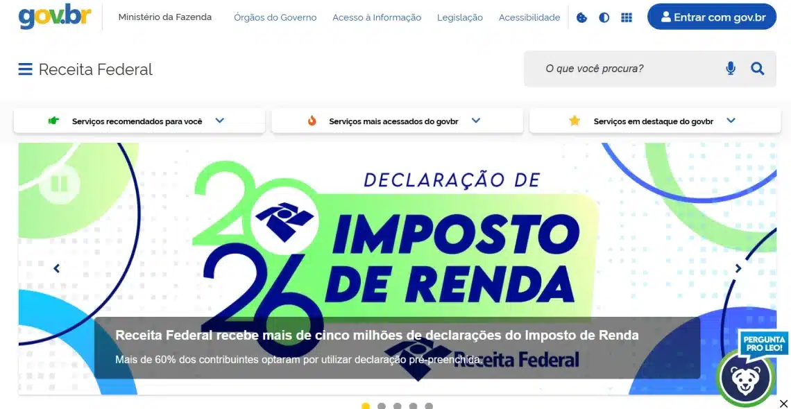 Tela do site da Receita Federal com informações sobre a declaração do Imposto de Renda 2026, destacando a segurança para baixar o programa ou aplicativo.