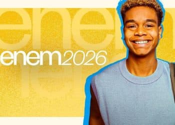 Banner promocional oficial do Enem 2026 em tons amarelos com jovem estudante sorridente e logomarca do exame em destaque