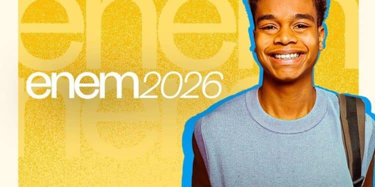 Banner promocional oficial do Enem 2026 em tons amarelos com jovem estudante sorridente e logomarca do exame em destaque