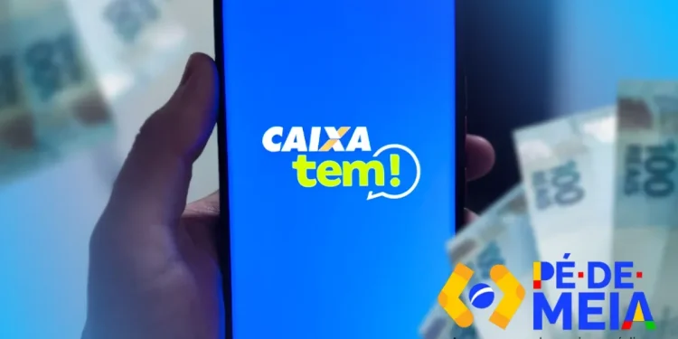 Tela do aplicativo CAIXA Tem em um smartphone, com a logo do serviço e cédulas de dinheiro ao fundo, relacionado ao processo de liberação de conta para estudantes menores de idade no programa Pé-de-Meia.