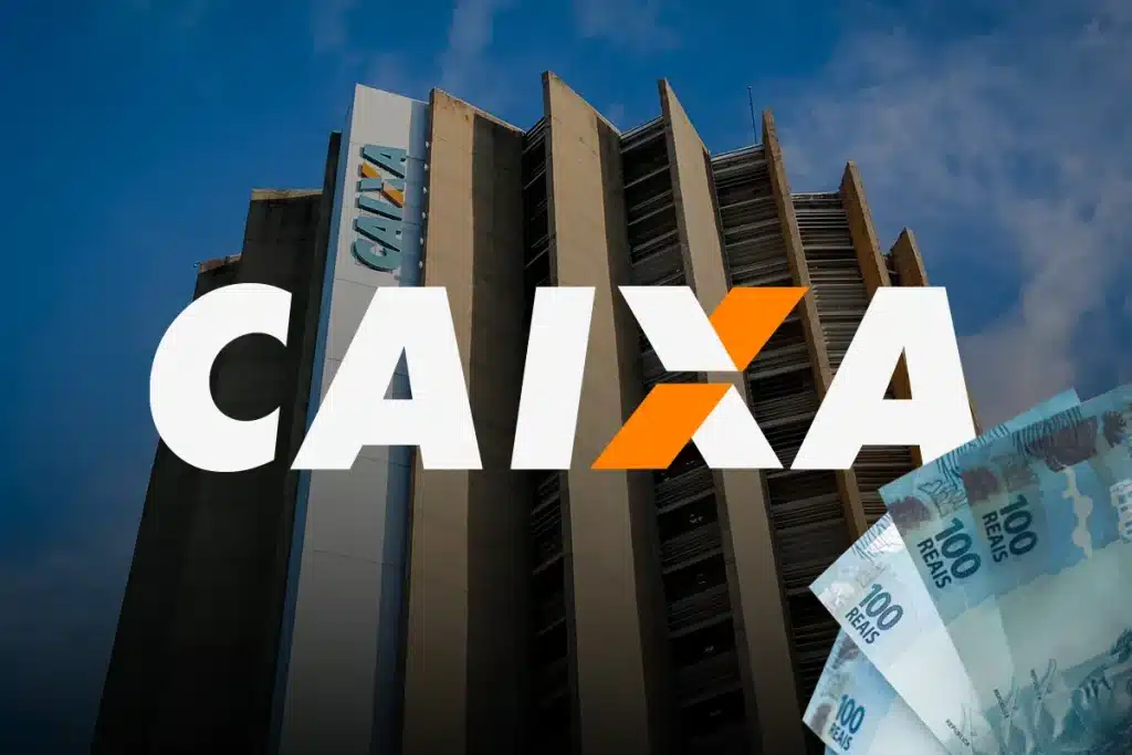 Agência da CAIXA com cédulas de R$100 ao lado, representando o Saque Calamidade do FGTS de até R$ 6.220, disponível para CPFs de finais 0 a 9 em abril de 2026.