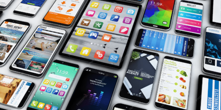 Diversos modelos de smartphones com telas coloridas exibindo aplicativos e interfaces, representando o mercado global de celulares.