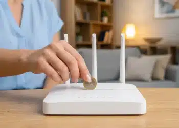 Pessoa colocando moeda sobre roteador Wi-Fi em casa para tentar melhorar o sinal de internet