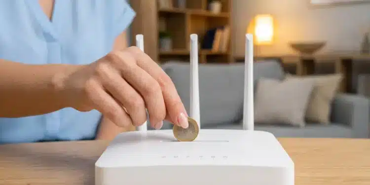 Pessoa colocando moeda sobre roteador Wi-Fi em casa para tentar melhorar o sinal de internet