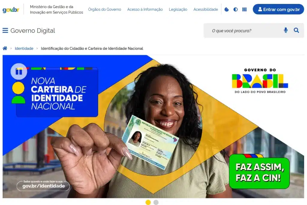 Interface do portal gov.br com destaque para a nova carteira de identidade nacional e orientações para emissão