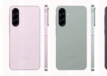 Samsung Galaxy A56 disponível em várias cores: cinza, rosa, verde e preto, com design sofisticado e elegante.