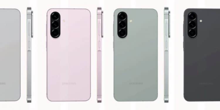 Samsung Galaxy A56 disponível em várias cores: cinza, rosa, verde e preto, com design sofisticado e elegante.