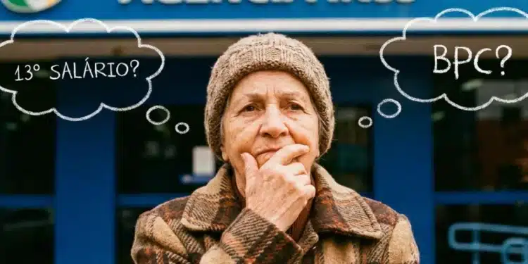 Idosa em frente ao INSS pensando sobre o pagamento do BPC de abril e com dúvidas sobre o 13º salário