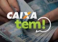 Imagem ilustrativa do Caixa Tem com cédulas de 100 reais e o logotipo do benefício 'Caixa Tem!
