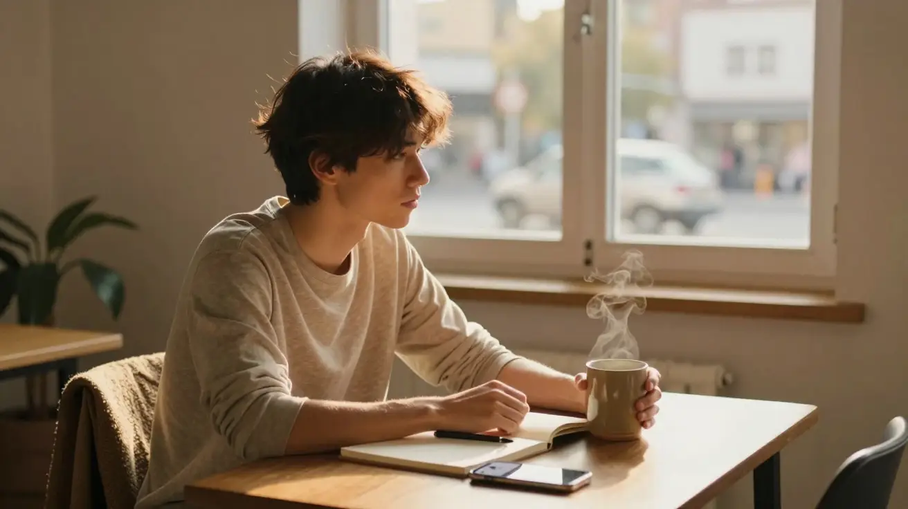 Pessoa sentada à mesa, refletindo em silêncio com uma xícara de café, simbolizando introspecção e profundidade mental.