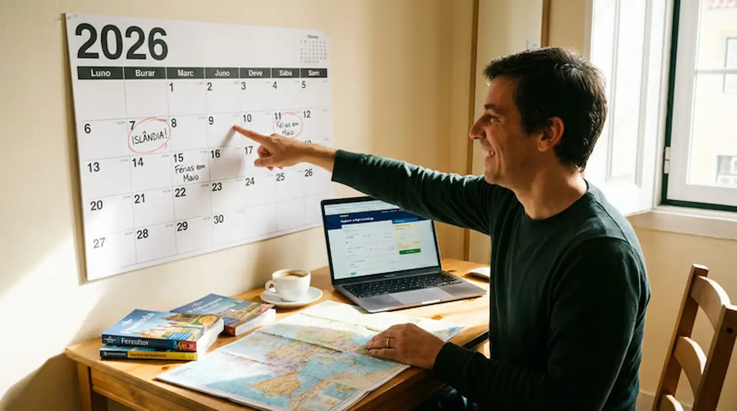 Homem planejando férias para a Islândia no calendário de 2026, destacando os feriados nacionais.